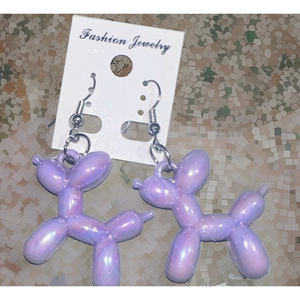 Fun Colorful Balloon Animal Dog Dangle Earrings Shiny Purple New